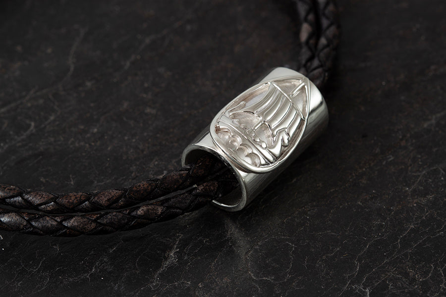 Leather Bracelet or Necklet with Viking Ship Barrel bead