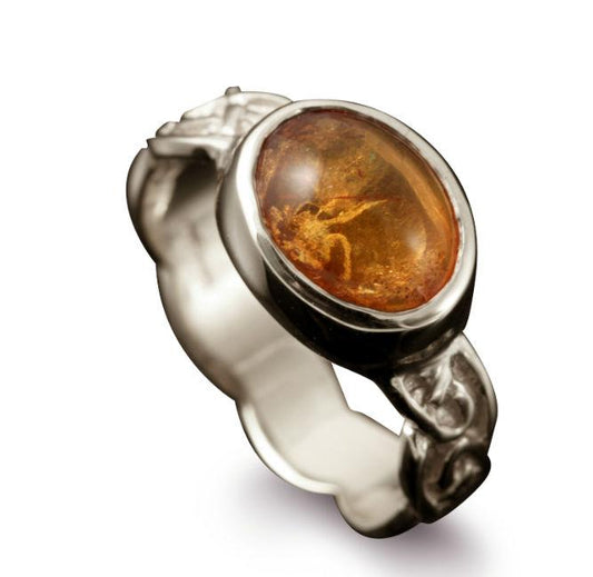 Muckle Roe Celtic Amber Ring in 18ct White Gold