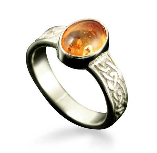 Uyea Celtic Amber Ring in 9ct White Gold