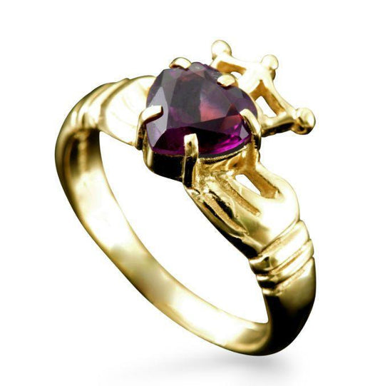 Claddagh Heart and Crown Ring with Amethyst in 18ct Yellow Gold