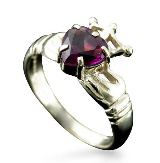 Claddagh Heart and Crown Ring with Amethyst in 9ct White Gold