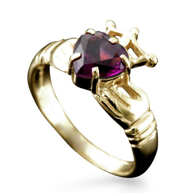Claddagh Heart and Crown Ring with Amethyst in 9ct Yellow Gold