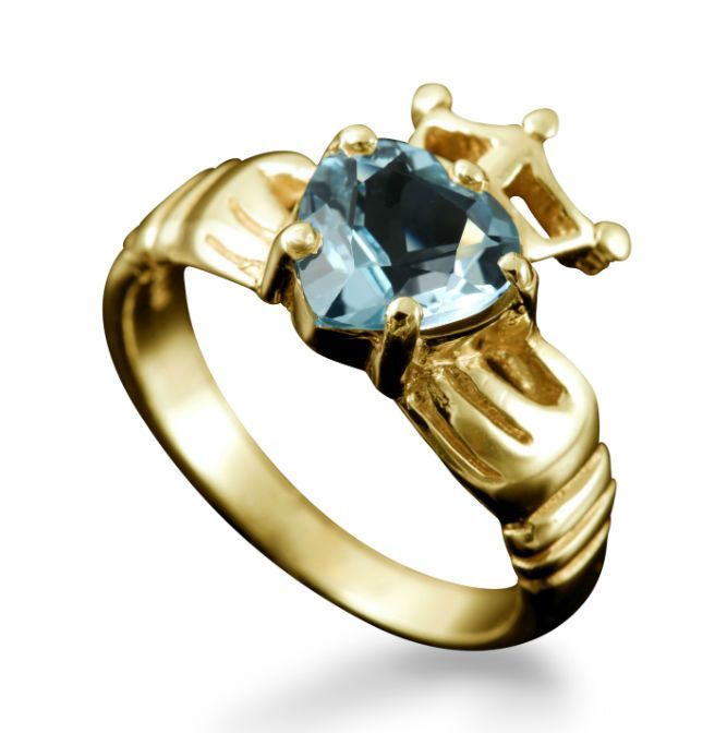 Claddagh Heart and Crown Ring with BlueTopaz in 9ct Yellow Gold