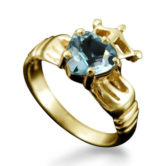 Claddagh Heart and Crown Ring with BlueTopaz in 9ct Yellow Gold