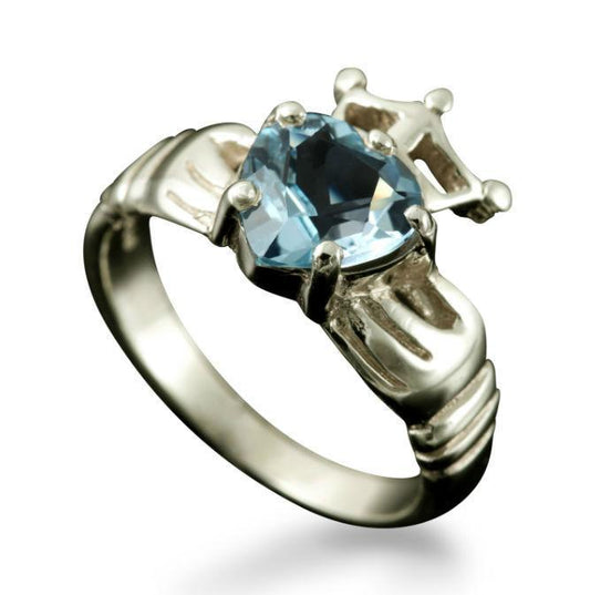Claddagh Heart and Crown Ring with BlueTopaz in 18ct White Gold