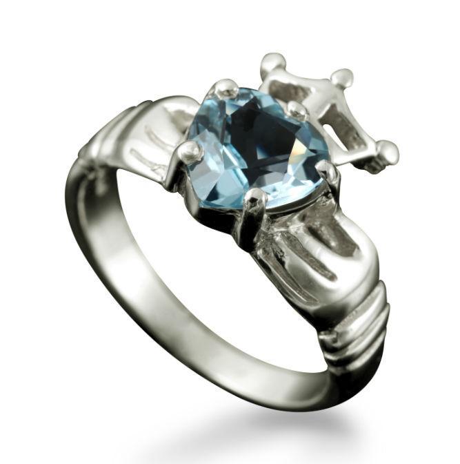 Claddagh Heart and Crown Ring with BlueTopaz in Platinum