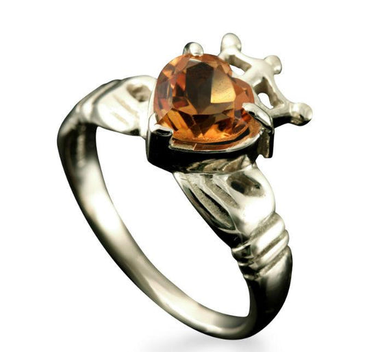 Claddagh Heart and Crown Ring with Citrine in 9ct White Gold
