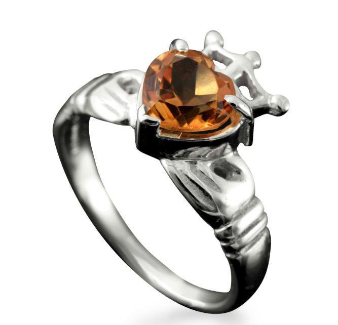 Claddagh Heart and Crown Ring with Citrine in Silver