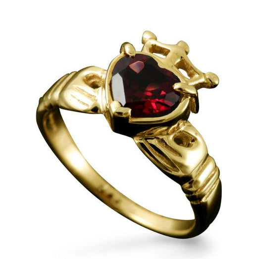 Claddagh Heart and Crown Ring with Garnet in 18ct Yellow Gold