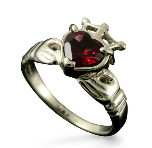 Claddagh Heart and Crown Ring with Garnet in 18ct White Gold