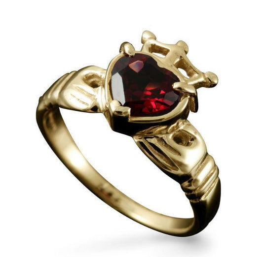 Claddagh Heart and Crown Ring with Garnet in 9ct Yellow Gold