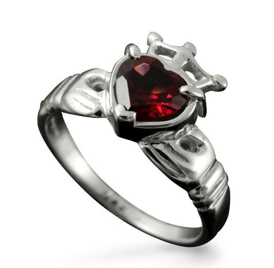 Claddagh Heart and Crown Ring with Garnet in Silver