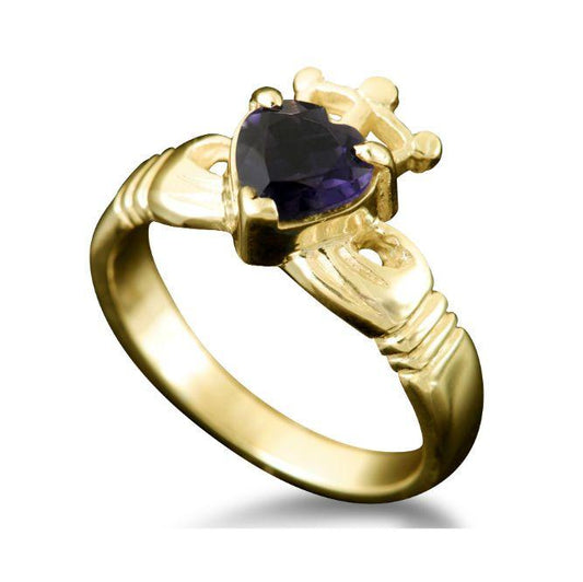 Claddagh Heart and Crown Ring with Iolite in 18ct Yellow Gold