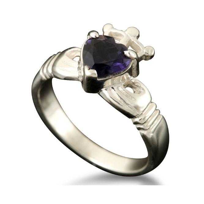 Claddagh Heart and Crown Ring with Iolite in 9ct White Gold