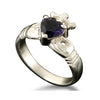 Claddagh Heart and Crown Ring with Iolite in 18ct White Gold