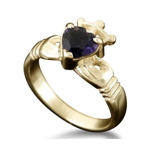 Claddagh Heart and Crown Ring with Iolite in 9ct Yellow Gold