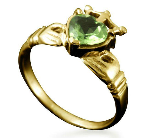 Claddagh Heart and Crown Ring with Peridot in 18ct Yellow Gold