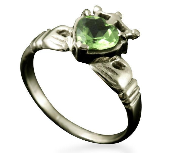 Claddagh Heart and Crown Ring with Peridot in 9ct White Gold
