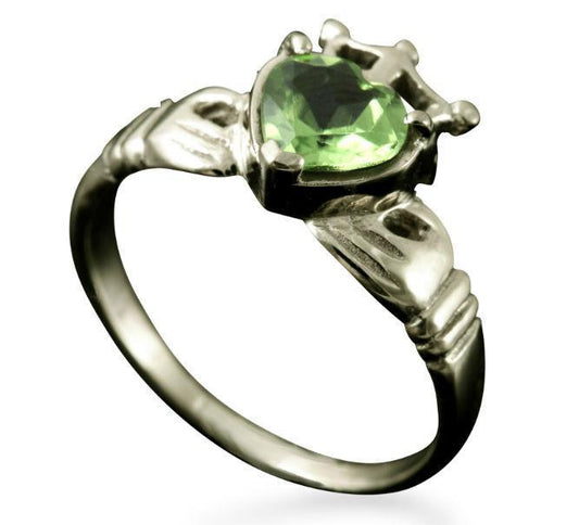 Claddagh Heart and Crown Ring with Peridot in 9ct White Gold