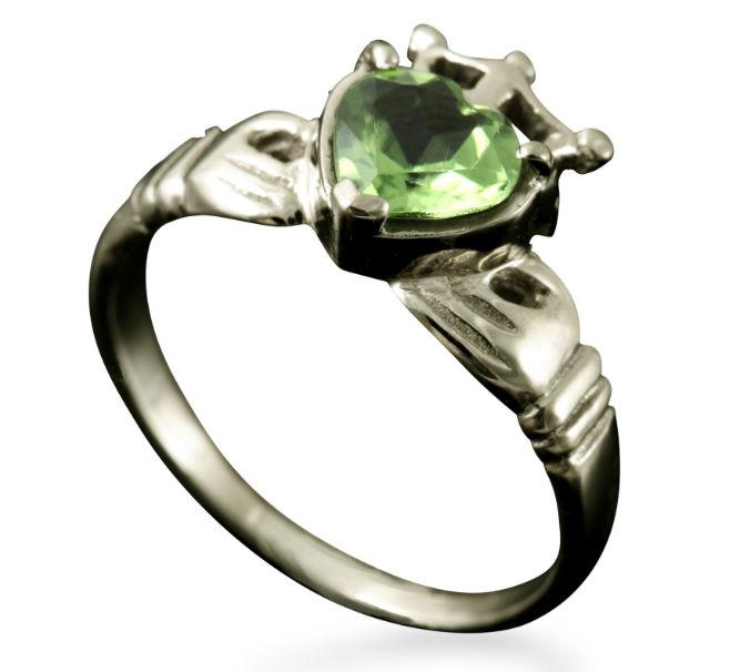 Claddagh Heart and Crown Ring with Peridot in 18ct White Gold