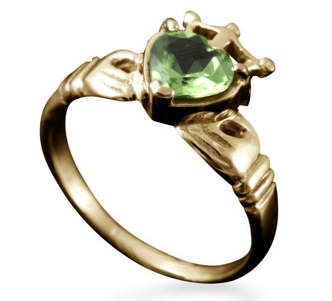 Claddagh Heart and Crown Ring with Peridot in 9ct Yellow Gold