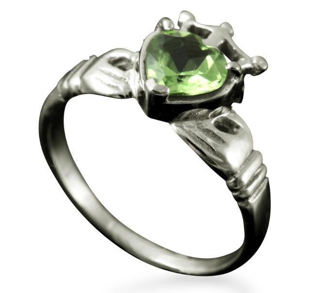 Claddagh Heart and Crown Ring with Peridot in Platinum